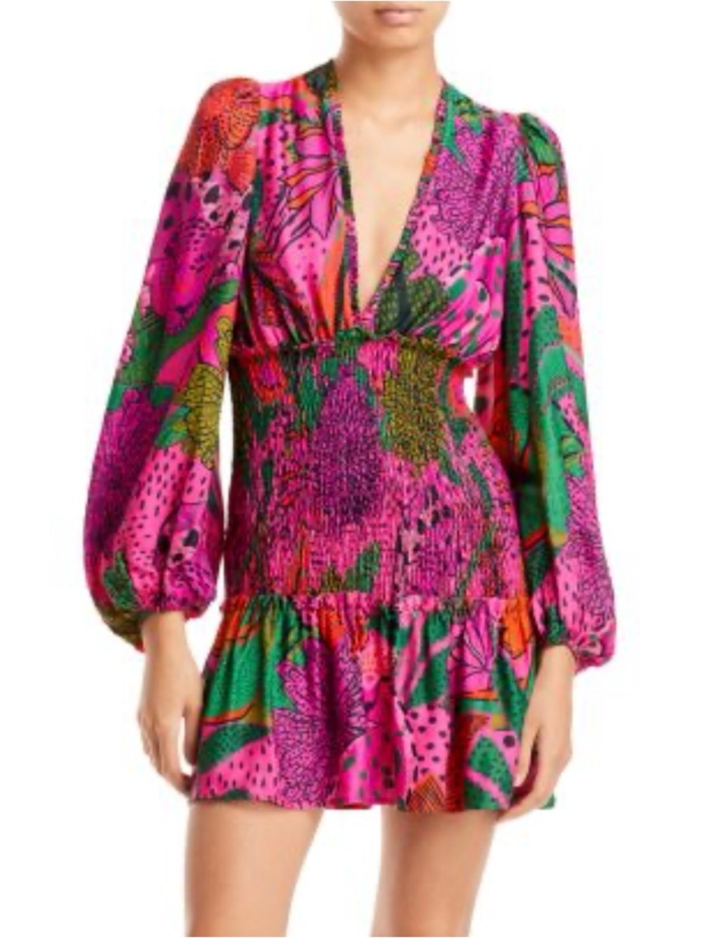 FARM Rio Pink Green Orange Floral V-Neck Smocked Mini Dress